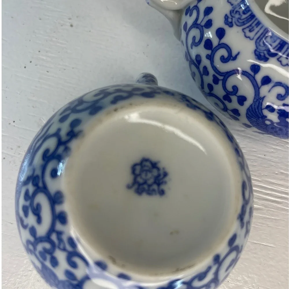 Vintage Blue‎ White Flying Phoenix Porcelain Creamer Sugar Set Japan 3 Piece